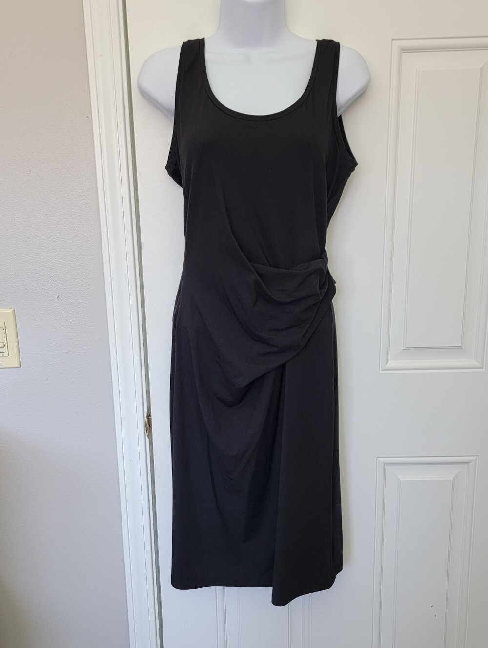 NWT THEORY Black Rubric Dress Sleeveless Midi Size Medium Side Drape Minimalist